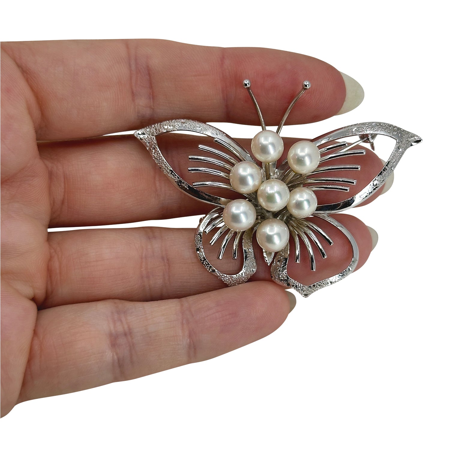 Vintage Butterfly Japanese Saltwater Akoya Cultured Pearl Mid Century Brooch- Sterling Silver