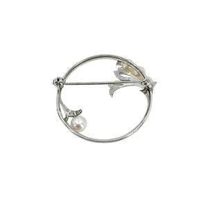 Vintage Mikimoto Circle Leaf Japanese Saltwater Akoya Cultured Pearl Designer Brooch- Sterling Silver