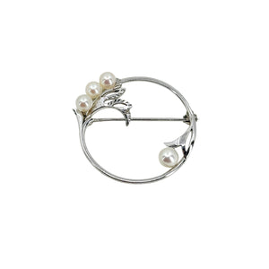 Vintage Mikimoto Circle Leaf Japanese Saltwater Akoya Cultured Pearl Designer Brooch- Sterling Silver