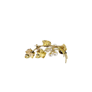 Mid Century Floral Leafy Branch Cultured Saltwater Akoya Pearl Vintage Pin Brooch- 14K Yellow Gold