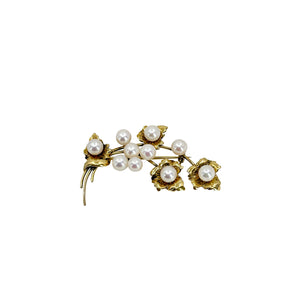 Mid Century Floral Leafy Branch Cultured Saltwater Akoya Pearl Vintage Pin Brooch- 14K Yellow Gold