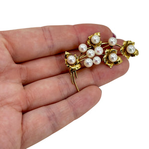 Mid Century Floral Leafy Branch Cultured Saltwater Akoya Pearl Vintage Pin Brooch- 14K Yellow Gold