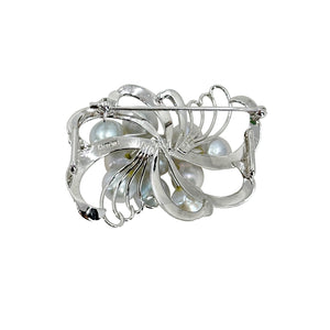 Blue Gray Mid Century Modern Japanese Saltwater Akoya Cultured Pearl Obidome Brooch- Sterling Silver