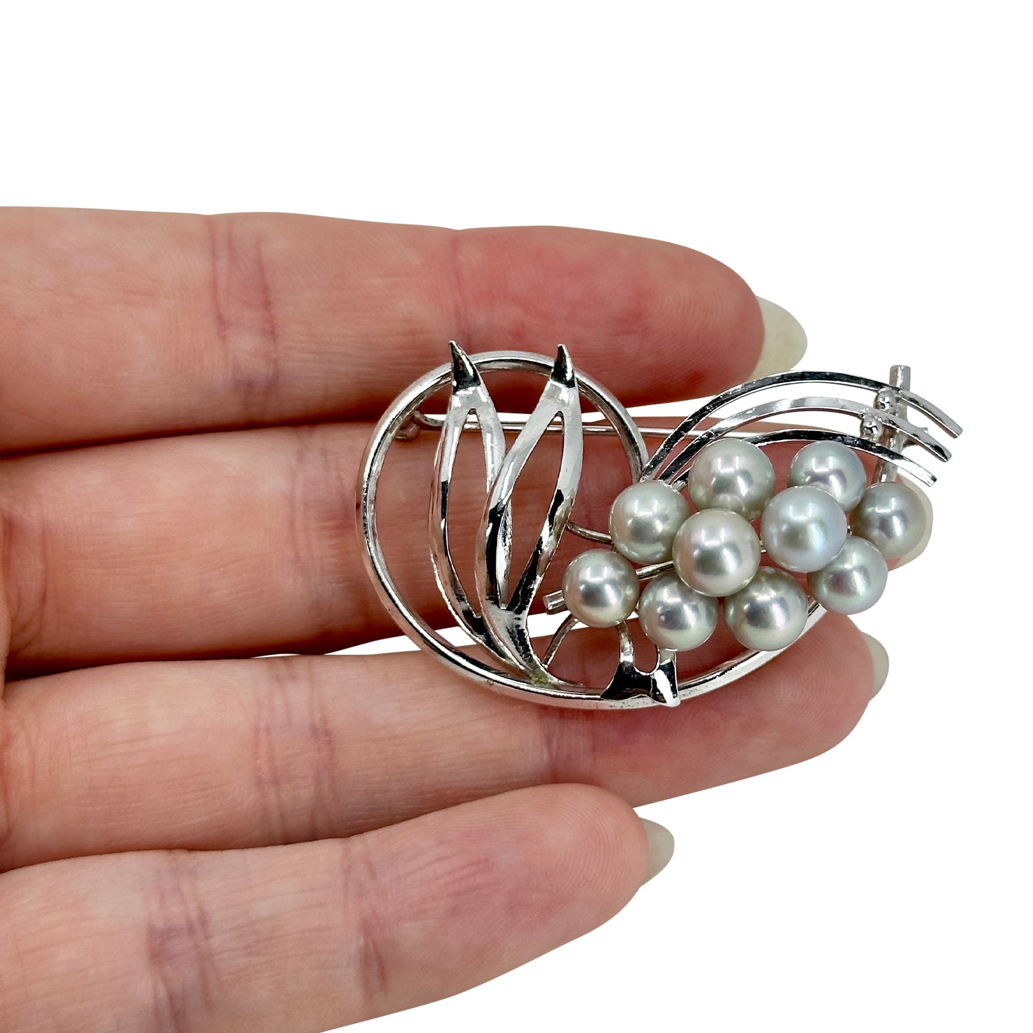 Vintage Blue Gray Modern Leaf Japanese Saltwater Akoya Cultured Pearl Brooch- Sterling Silver