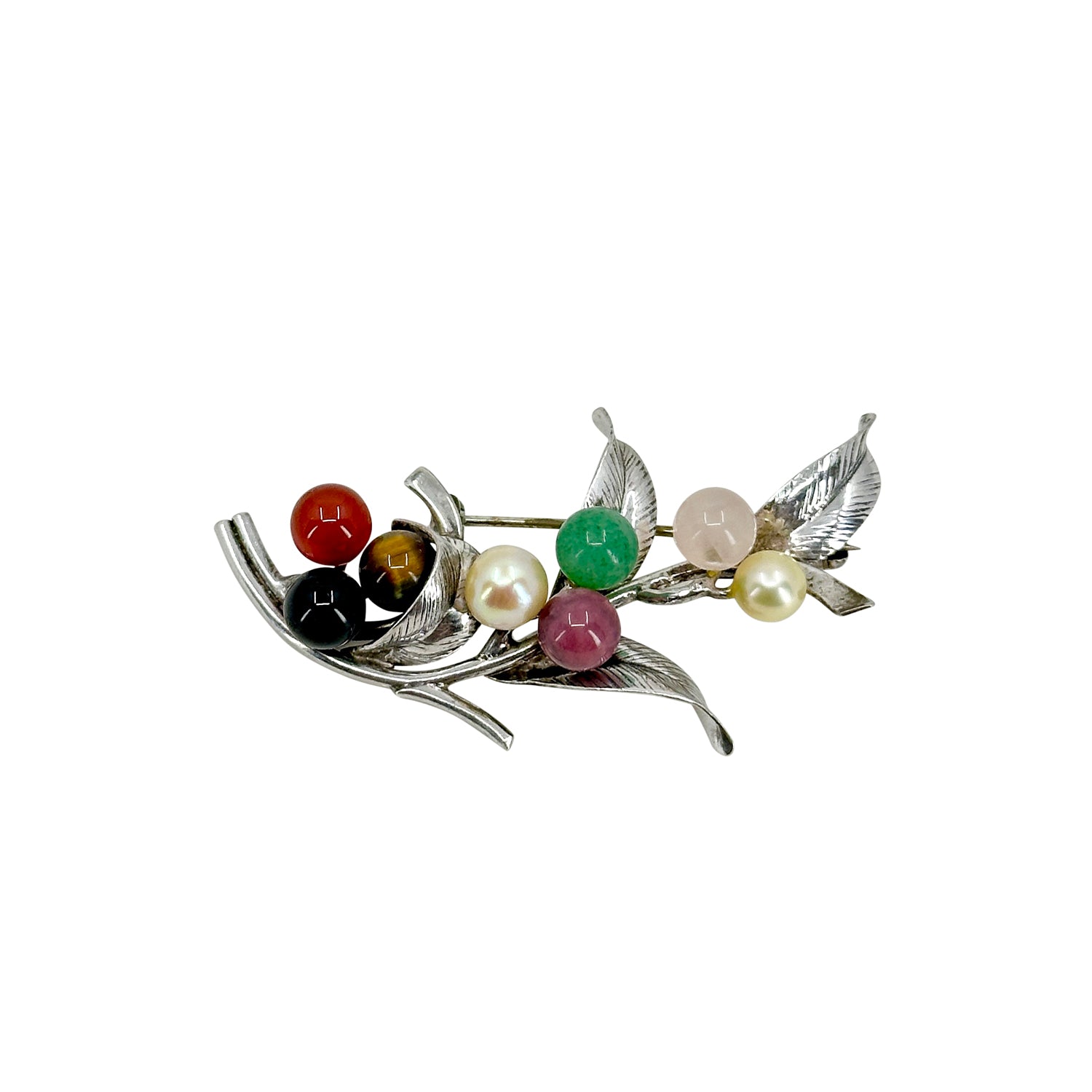 Mings Of Honolulu Multicolor Leaf Vintage Hawaii Akoya Saltwater Cultured Pearl Onyx Carnelian Quartz Brooch - Sterling Silver