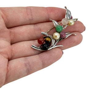 Mings Of Honolulu Multicolor Leaf Vintage Hawaii Akoya Saltwater Cultured Pearl Onyx Carnelian Quartz Brooch - Sterling Silver