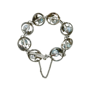 Engraved Leaf Blue Japanese Saltwater Akoya Cultured Pearl Vintage Circle Link Bracelet- Sterling Silver