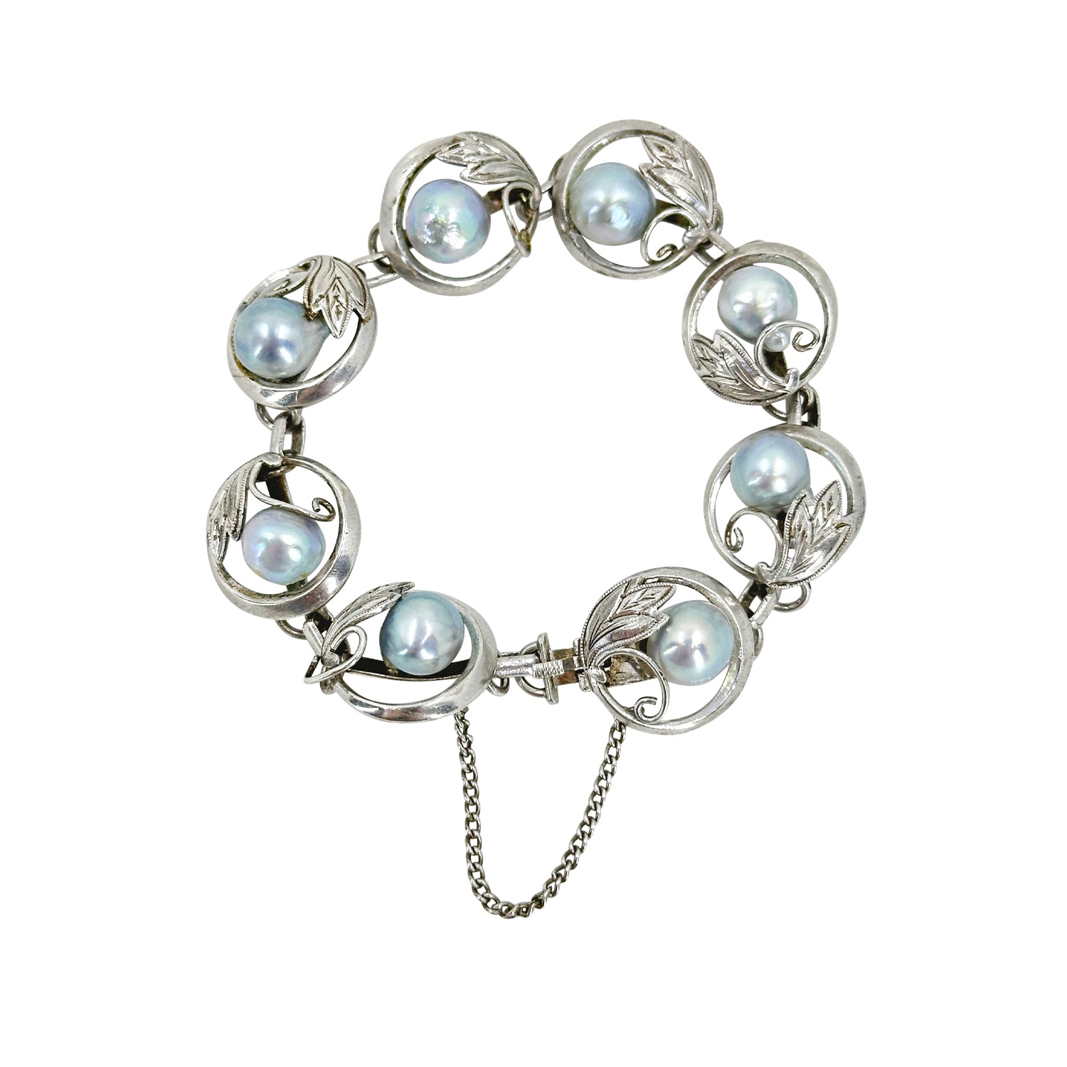 Engraved Leaf Blue Japanese Saltwater Akoya Cultured Pearl Vintage Circle Link Bracelet- Sterling Silver