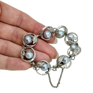 Engraved Leaf Blue Japanese Saltwater Akoya Cultured Pearl Vintage Circle Link Bracelet- Sterling Silver