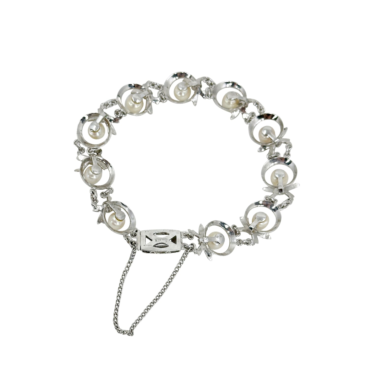 Bow Circle Link Vintage Japanese Saltwater Akoya Cultured Pearl Bracelet- Sterling Silver