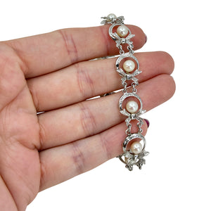 Bow Circle Link Vintage Japanese Saltwater Akoya Cultured Pearl Bracelet- Sterling Silver