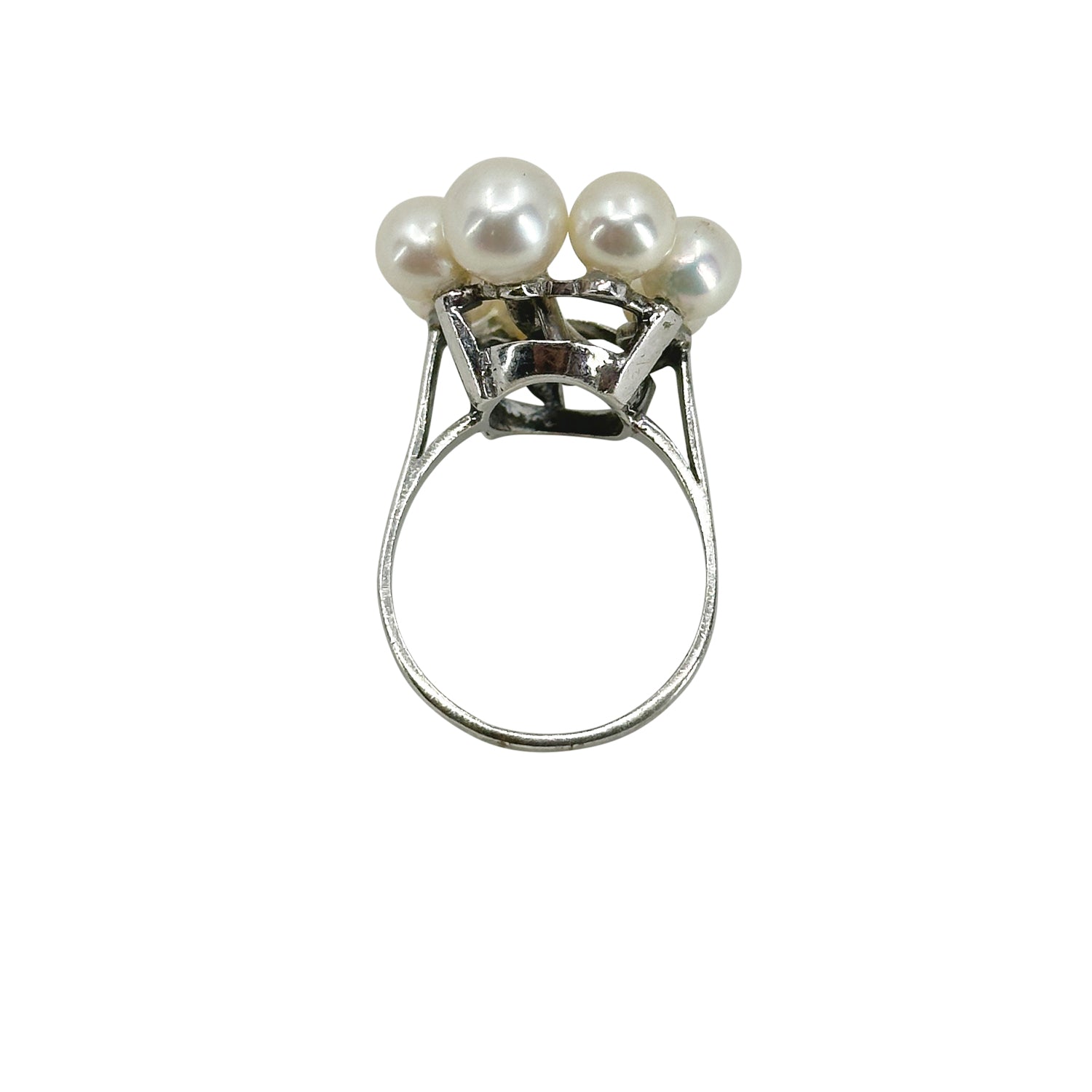 Graduated Swirl Leaf Japanese Saltwater Akoya Cultured Pearl Vintage Cluster Ring- Sterling Silver Sz 7