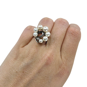 Graduated Swirl Leaf Japanese Saltwater Akoya Cultured Pearl Vintage Cluster Ring- Sterling Silver Sz 7