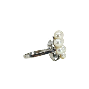 Graduated Swirl Leaf Japanese Saltwater Akoya Cultured Pearl Vintage Cluster Ring- Sterling Silver Sz 7