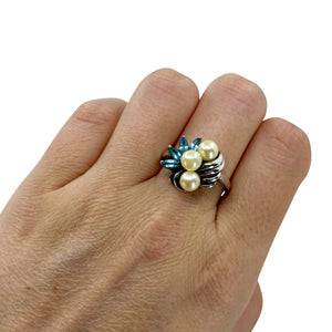 Vintage Japanese Saltwater Akoya Cultured Pearl Vintage Blue Topaz Ring- Sterling Silver Sz 10
