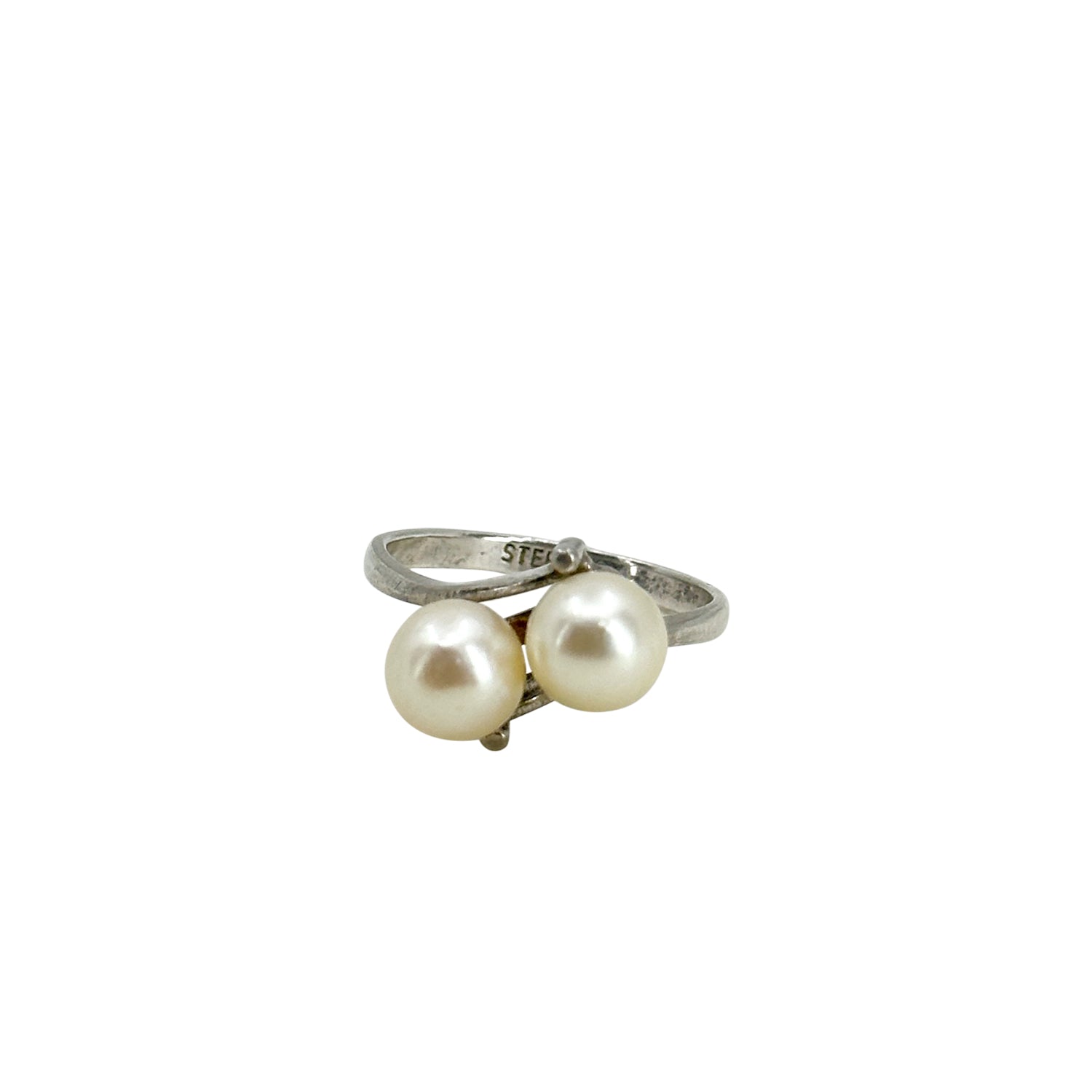 Bypass Mid Century Double Japanese Saltwater Akoya Cultured Pearl Ring- Sterling Silver Sz 6