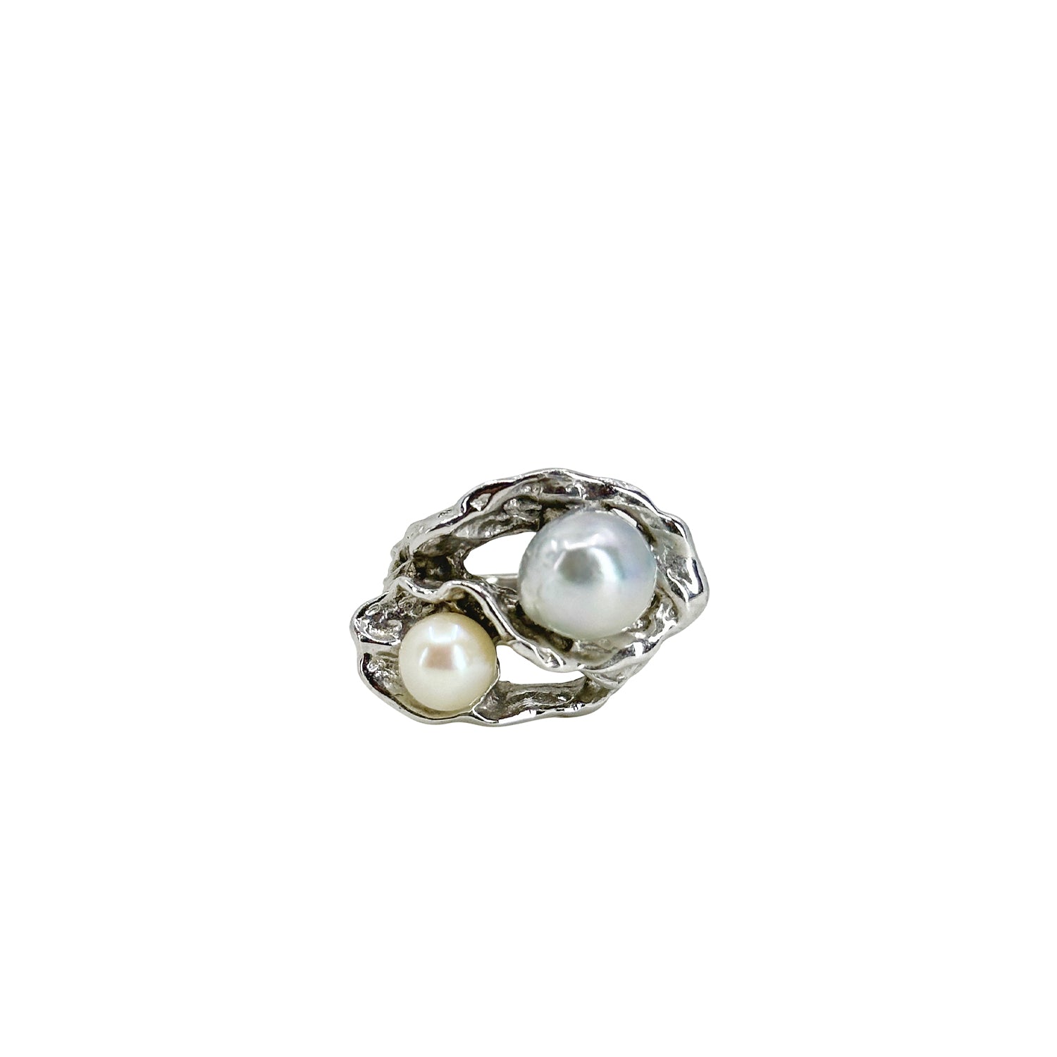 Abstract Double Blue Gray Japanese Saltwater Akoya Cultured Pearl Vintage Ring- Sterling Silver Sz 5