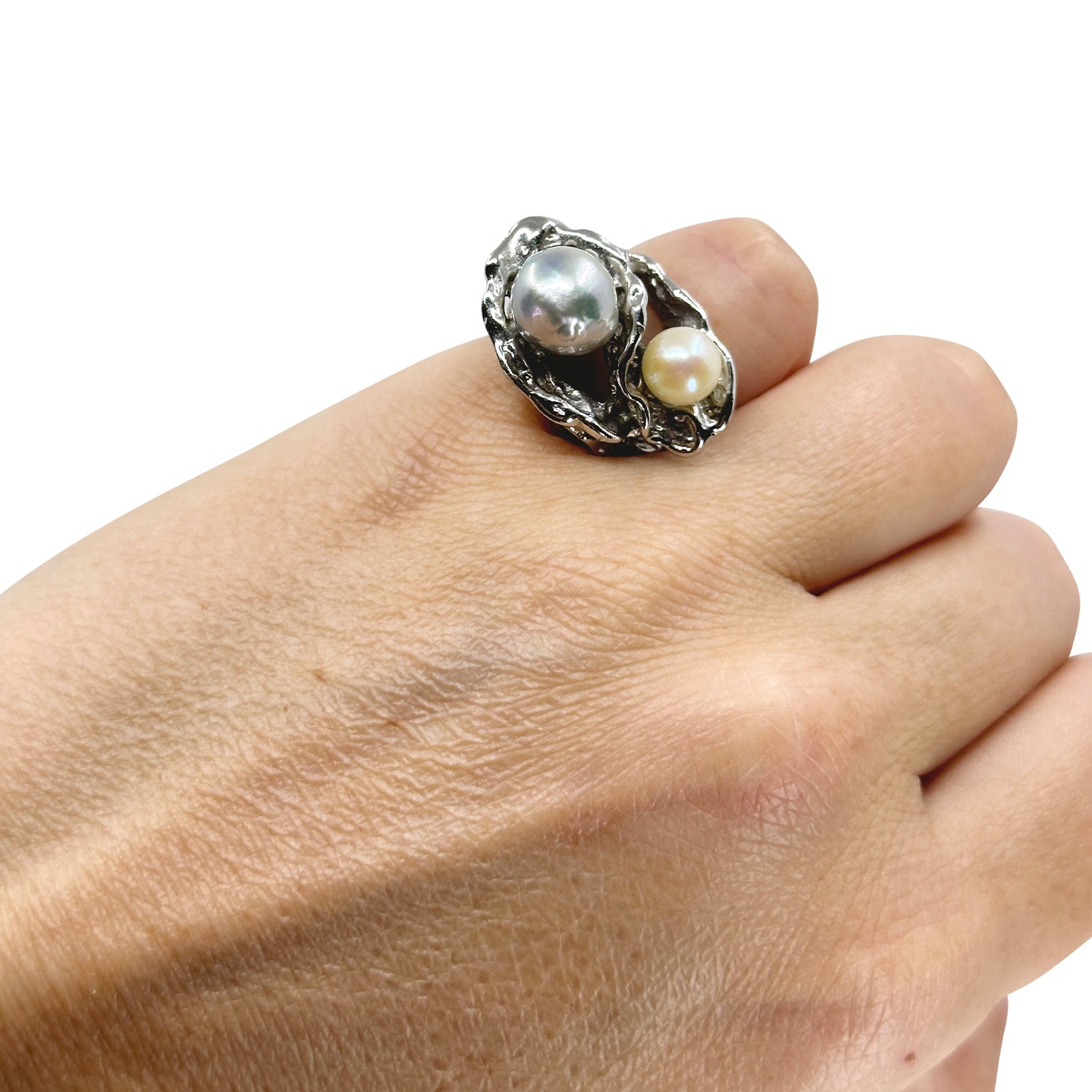 Abstract Double Blue Gray Japanese Saltwater Akoya Cultured Pearl Vintage Ring- Sterling Silver Sz 5