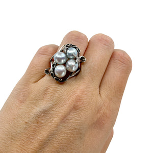 Large Baroque Blue Gray Japanese Saltwater Akoya Cultured Pearl Vintage Ring- Sterling Silver Sz 6.5 