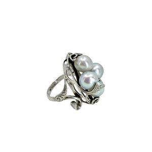 Large Baroque Blue Gray Japanese Saltwater Akoya Cultured Pearl Vintage Ring- Sterling Silver Sz 6.5 