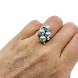 Quality Blue Gray Japanese Saltwater Akoya Cultured Pearl Vintage Cluster Ring- Sterling Silver Sz 6