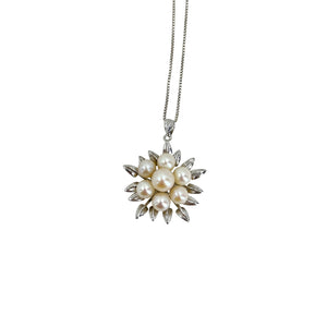 Mid Century Cluster Flower Japanese Saltwater Akoya Cultured Pearl Pendant- Sterling Silver 18 Inch
