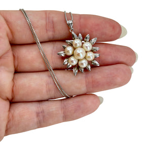 Mid Century Cluster Flower Japanese Saltwater Akoya Cultured Pearl Pendant- Sterling Silver 18 Inch