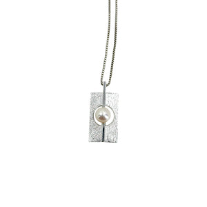 Mikimoto Brushed Modernist Solitaire Saltwater Akoya Cultured Pearl Designer Vintage Pendant Necklace- Sterling Silver 16 Inch