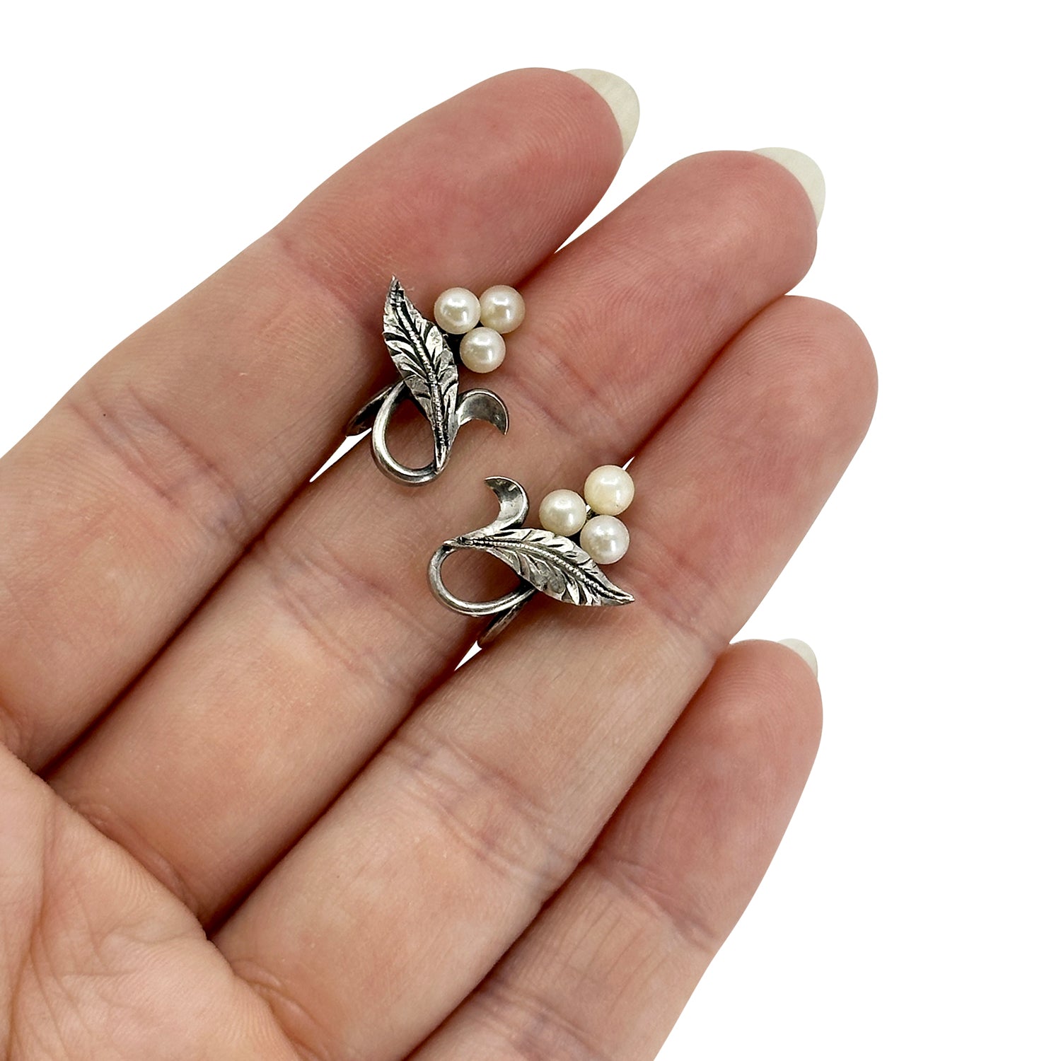 Leaf Engraved Triple Japanese Saltwater Akoya Cultured Pearl Screwback Earrings- Sterling Silver