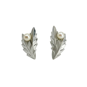 De Curtis Double Leaf Japanese Saltwater Akoya Cultured Pearl Screwback Earrings- Sterling Silver