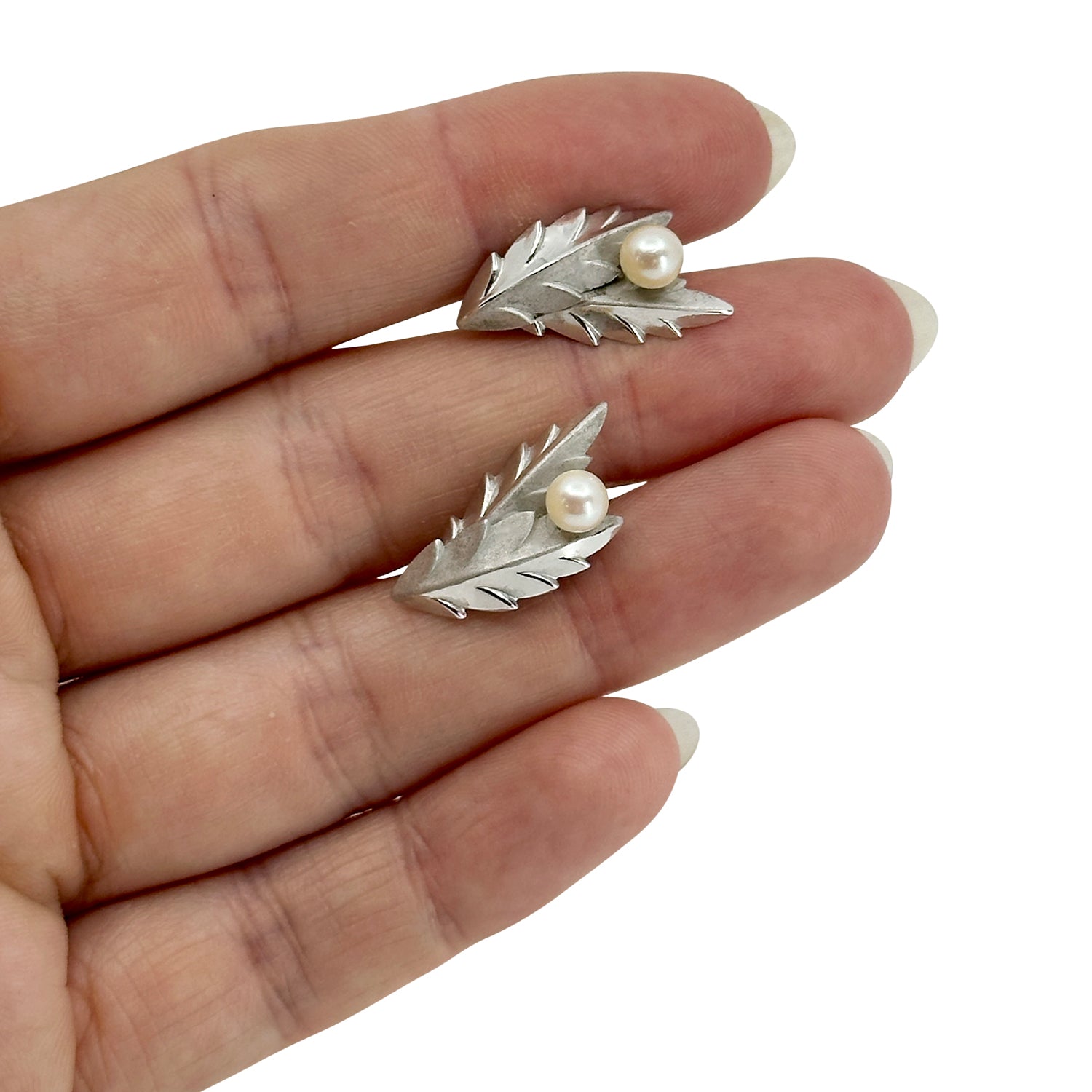 De Curtis Double Leaf Japanese Saltwater Akoya Cultured Pearl Screwback Earrings- Sterling Silver