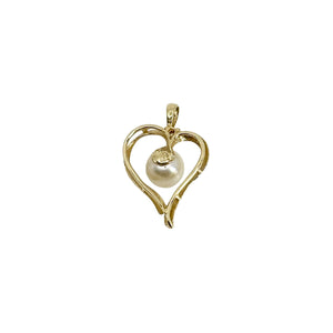 Vintage White Diamond Japanese Saltwater Akoya Pearl Solitaire Heart Pendant- 14K Yellow Gold