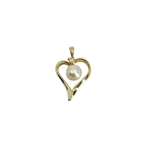 Vintage White Diamond Japanese Saltwater Akoya Pearl Solitaire Heart Pendant- 14K Yellow Gold