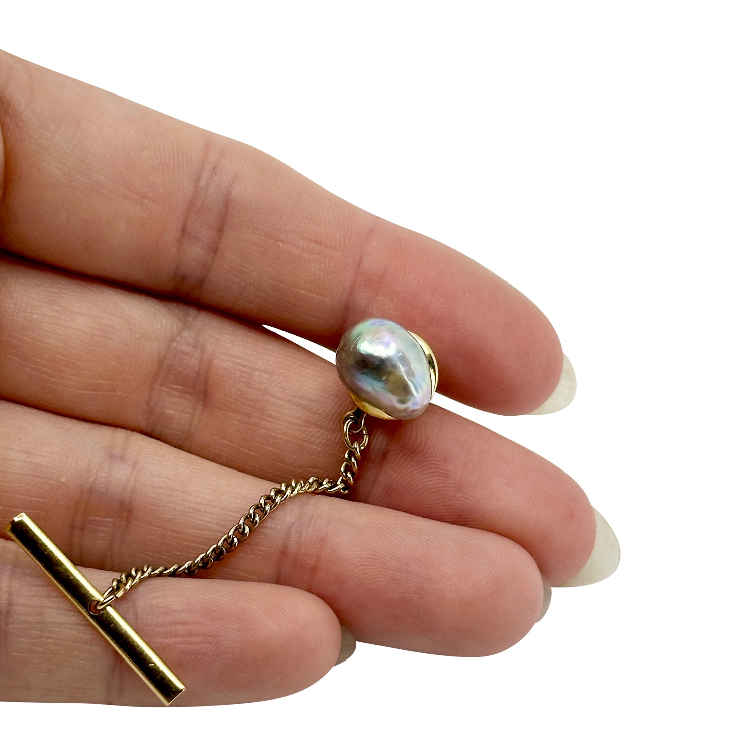 Rainbow Baroque Blue Japanese Saltwater Akoya Cultured Pearl Vintage Tie Tac- 14K Yellow Gold