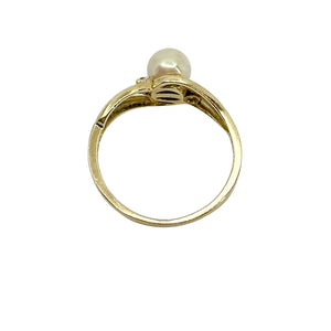 Vintage Swirl White Diamond Japanese Saltwater Akoya Cultured Pearl Ring- 10K Yellow Gold Size 6.50