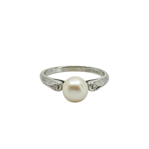 Modernist White Diamond Japanese Saltwater Akoya Cultured Pearl Ring- 10K White Gold Size 6