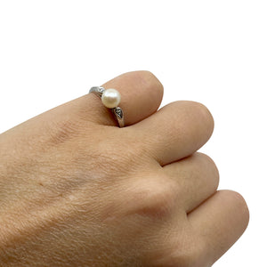 Modernist White Diamond Japanese Saltwater Akoya Cultured Pearl Ring- 10K White Gold Size 6