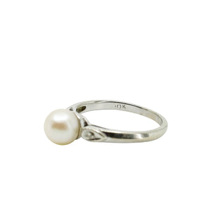 Modernist White Diamond Japanese Saltwater Akoya Cultured Pearl Ring- 10K White Gold Size 6