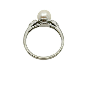 Modernist White Diamond Japanese Saltwater Akoya Cultured Pearl Ring- 10K White Gold Size 6