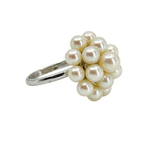 Mid Century Dome Cluster Japanese Saltwater Akoya Cultured Pearl Vintage Ring- Sterling Silver Sz 6