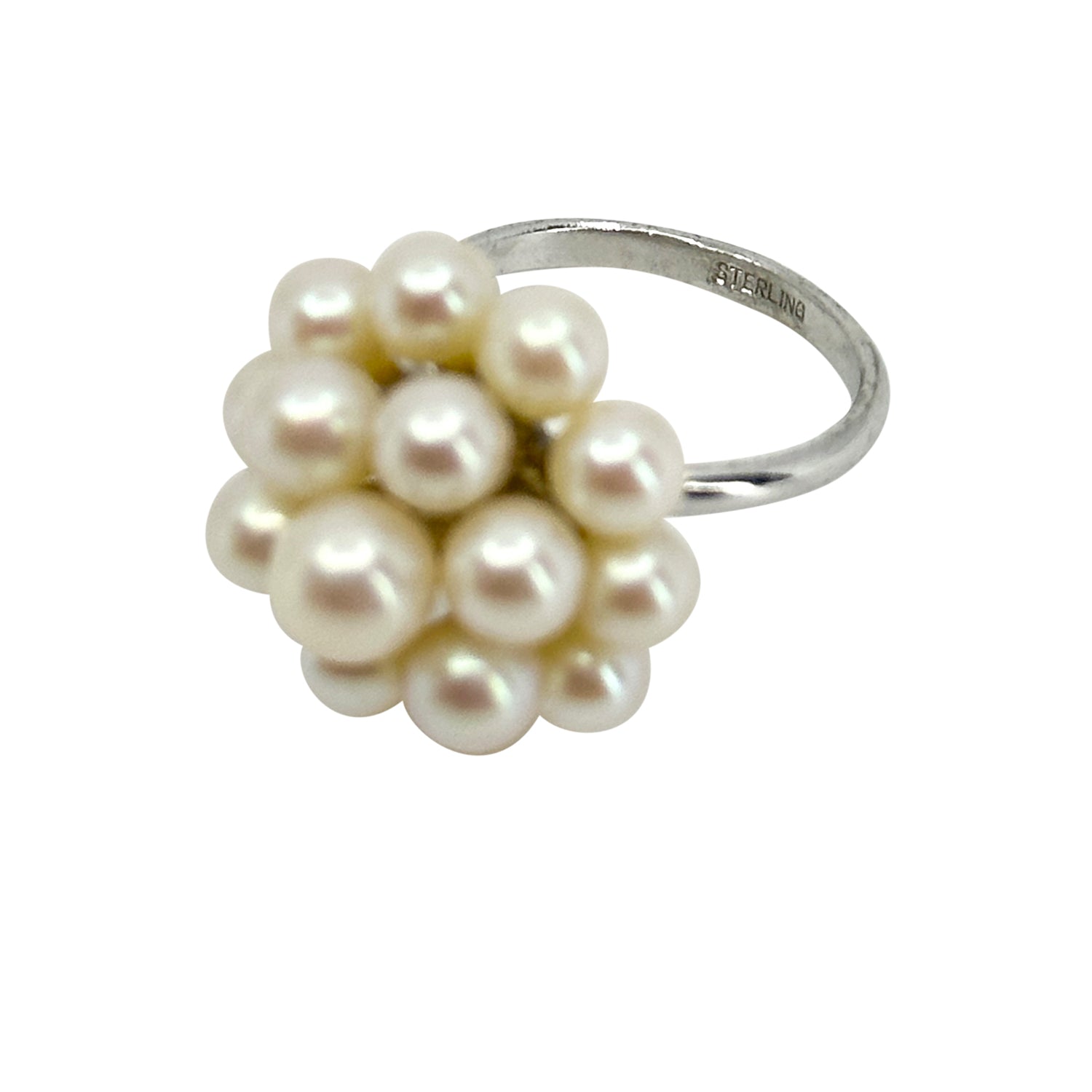 Mid Century Dome Cluster Japanese Saltwater Akoya Cultured Pearl Vintage Ring- Sterling Silver Sz 6