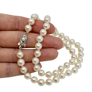 7.50mm Large Quality Japanese Saltwater Akoya Cultured Pearl Necklace - Sterling Silver 18 Inch