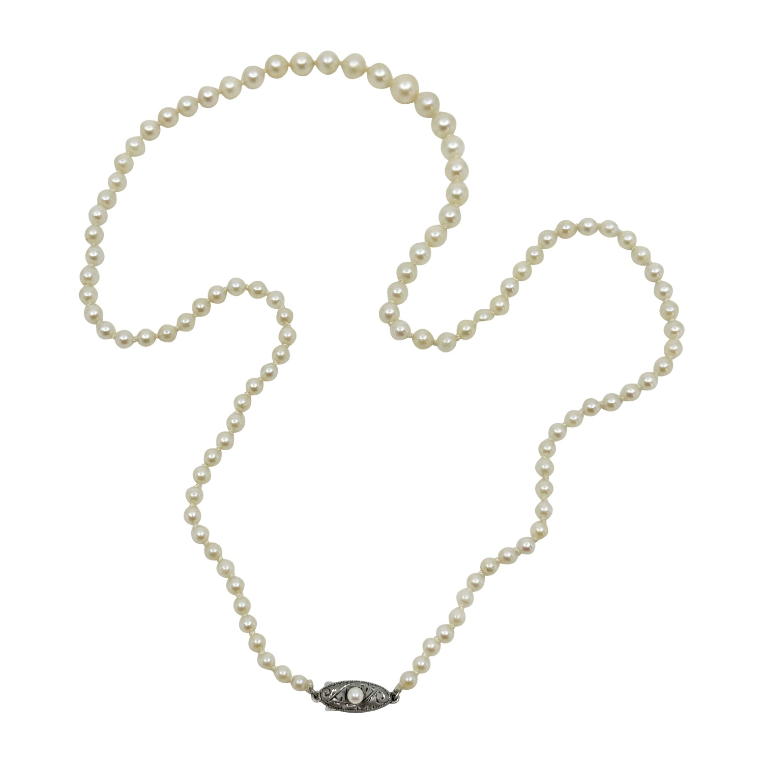 Graduated Engraved Japanese Saltwater Akoya Cultured Pearl Necklace - Sterling Silver 21.25 Inch