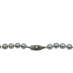Medium Blue Vintage Mid Century Japanese Saltwater Cultured Akoya Pearl Necklace - Silver 18.50 Inch