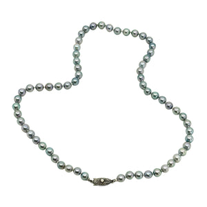 Medium Blue Vintage Mid Century Japanese Saltwater Cultured Akoya Pearl Necklace - Silver 18.50 Inch