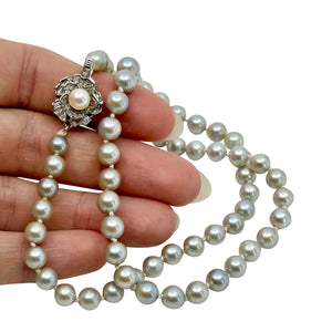 Light Gray Vintage Mid Century Japanese Saltwater Cultured Akoya Pearl Necklace - Silver 17.75 Inch