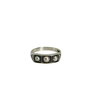 Art Deco Engraved Triple Japanese Saltwater Akoya Cultured Pearl Vintage Band Ring- Sterling Silver Sz 7