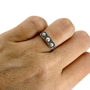 Art Deco Engraved Triple Japanese Saltwater Akoya Cultured Pearl Vintage Band Ring- Sterling Silver Sz 7