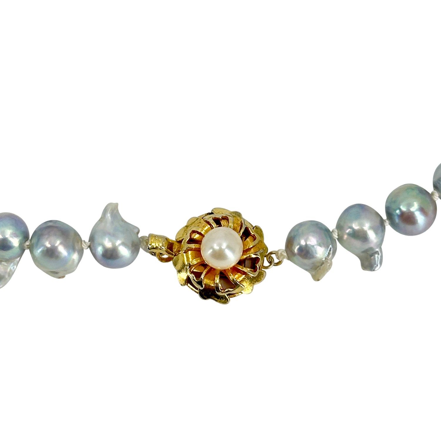 Baroque Fireball Blue Vintage Mid Century Japanese Saltwater Cultured Akoya Pearl Necklace - Silver Gold Plate 18.50 Inch