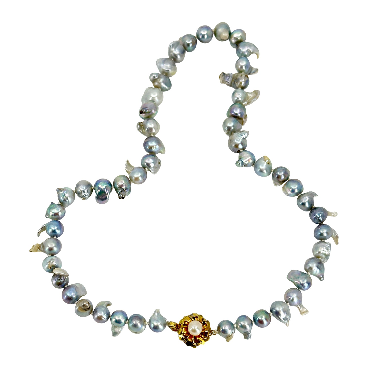 Baroque Fireball Blue Vintage Mid Century Japanese Saltwater Cultured Akoya Pearl Necklace - Silver Gold Plate 18.50 Inch